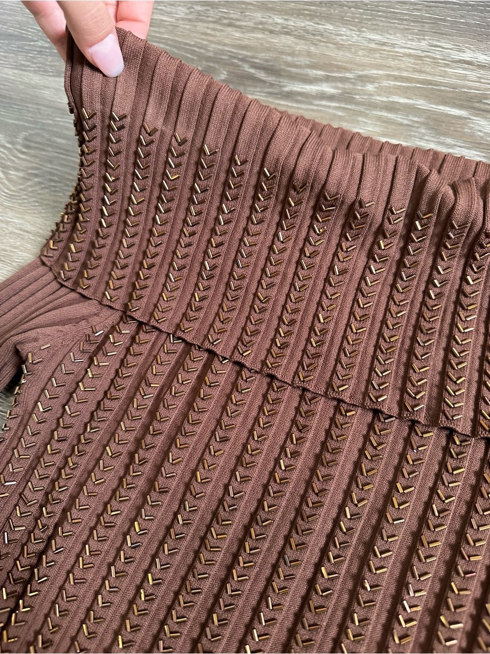 Caché Off The Shoulder Beaded Ribbed Knit Sweater Brown Medium Y2K Coquette - Picture 4 of 8